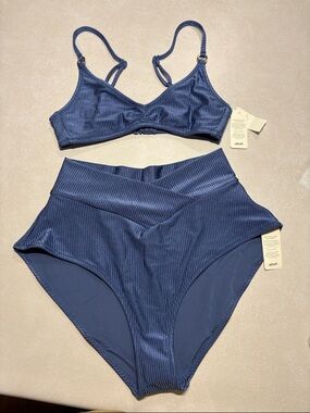 aerie Blue Ribbed High-Waist Bikini Set top XS bottom M